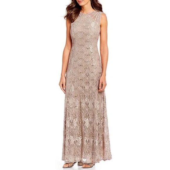 R & M Richards Petite Sleeveless Lace Round Neck Fit & Flare Dress 10P Champagne